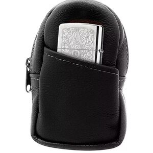 Women’s Genuine Black Leather Cigarette Case with Lighter Holder